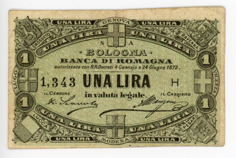 Italy Bologna 1 Lire 1872
# 1343; Banca Di Romagna Bologna; XF