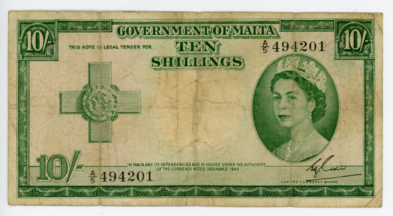 Malta 10 Shillings 1949 (1954)
P# 23a; # A/5 494201; F