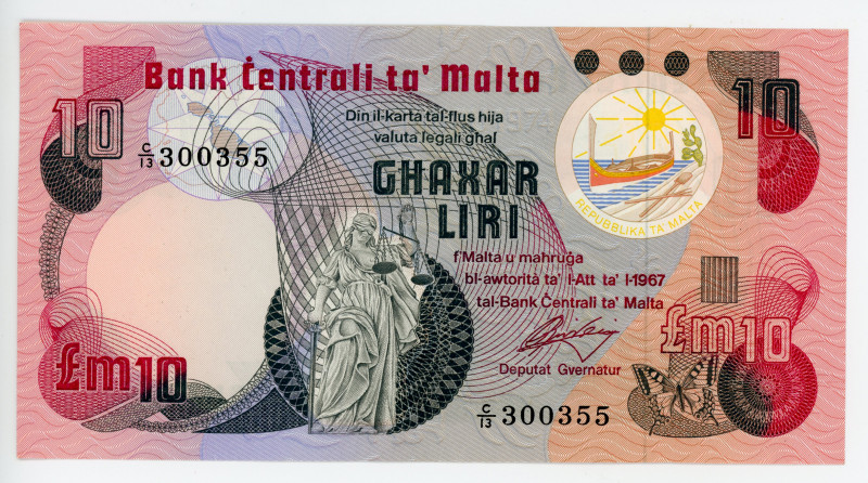 Malta 10 Liri 1967 (1979)
P# 36b; # C/13 300355; WITH 3 DOTS; UNC