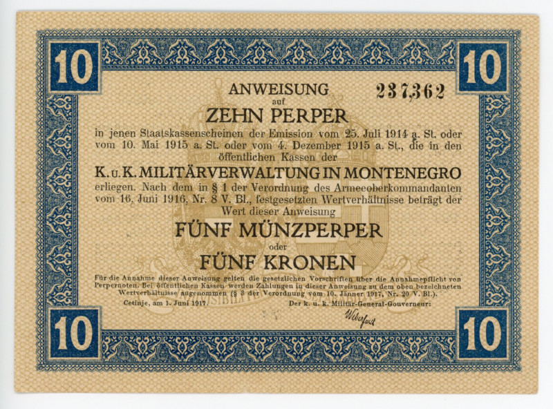 Montenegro 10 Perpera 1917
P# M151; #237362; AUNC