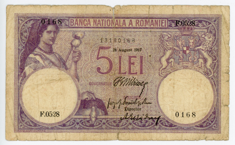 Romania 5 Lei 1917
P# 19a; # F.0528 0168; G-VG