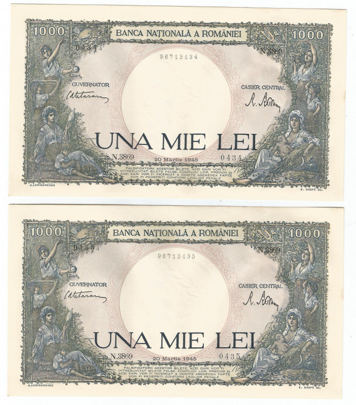 Romania 2 x 1000 Lei 1945 With Consecutive Numbers
P# 52; #96713434 - 96713435;...