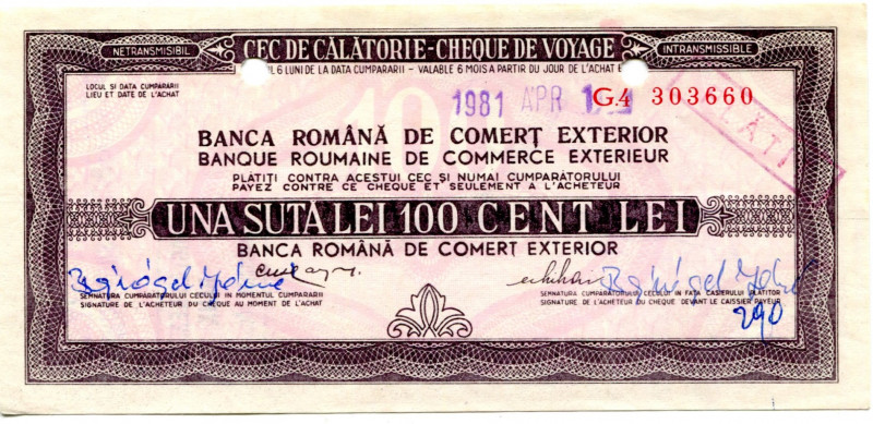 Romania Cheque 100 Lei 1981
# 303660; Cec de calatorie-cheque de voyage; XF+