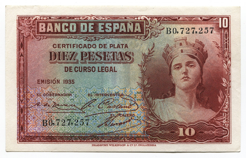 Spain 10 Pesetas 1935 (1936) Silver Certificates
P# 86a; # B 0727257; UNC