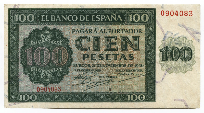 Spain 100 Pesetas 1936
P# 101; #0904083; Crispy; VF-XF