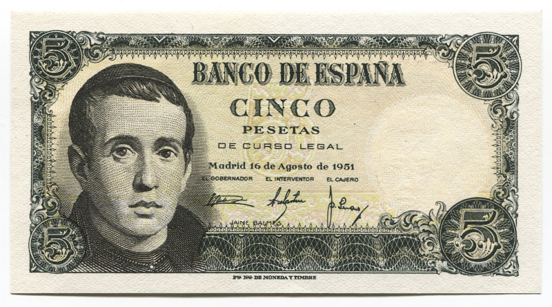 Spain 5 Pesetas 1951
P# 140a; # S 6681031; UNC