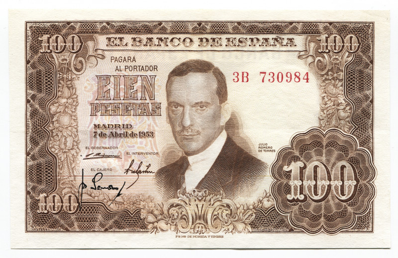 Spain 100 Pesetas 1954
P# 145a; # 3B 730984; AUNC