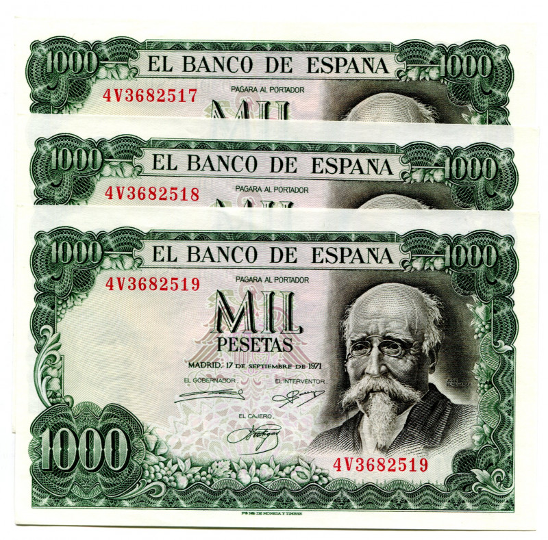 Spain 3 x 1000 Pesetas 1974 With Consecutive Numbers
P# 154; #4V3682517 - 4V368...