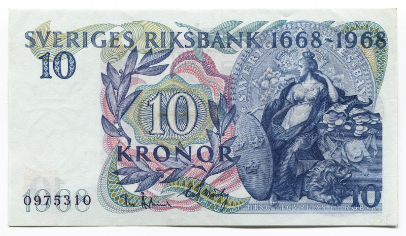 Sweden 10 Kronor 1968
P# 56a; Commemorative note: 300th Anniversary of Sveriges...