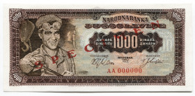 Yugoslavia 1000 Dinara 1963 Specimen
P# 75s; # AA 000000; UNC