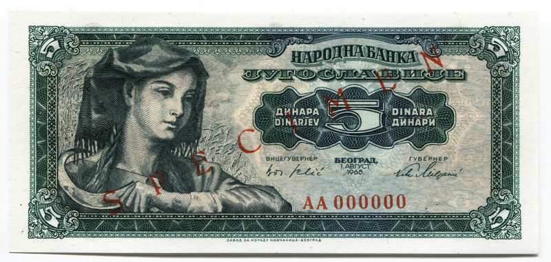 Yugoslavia 5 Dinara 1965 Specimen
P# 77s; # AA 000000; UNC