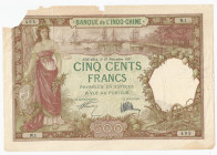 New Caledonia 500 Francs 1927
P# 38; #495; Missing parts and tears; G