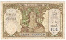 New Caledonia 100 Francs 1963
P# 42e; #860; With pinholes; VF-