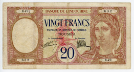 New Hebrides 20 Francs 1941 (ND) Overprint
P# 6; # E.49 632; VF; Overprint: Red oval with NOUVELLES HEBRIDES FRANCE LIBRE on New Caledonia #37.
