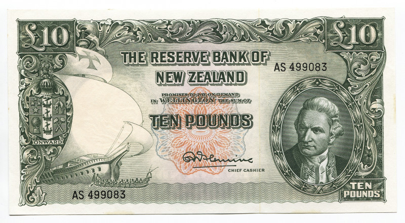 New Zealand 10 Pounds 1960 - 1967 (ND) R
P# 161d; # AS 499083; UNC; "James Cook...