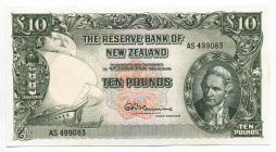 New Zealand 10 Pounds 1960 - 1967 (ND) R
P# 161d; # AS 499083; UNC; "James Cook"; Rare