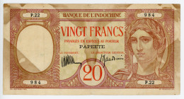 Tahiti 20 Francs 1928 (ND)
P# 12b; # P.22 984; Banque de l'Indochine; F-VF