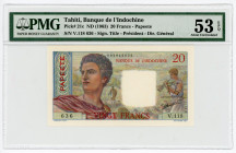 Tahiti 20 Francs 1963 (ND) PMG 53 EPQ
P# 21c; # V.118 636; AUNC