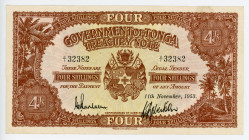 Tonga 4 Shillings 1953
P# 9b; # C/1 32382; VF; Rare Year