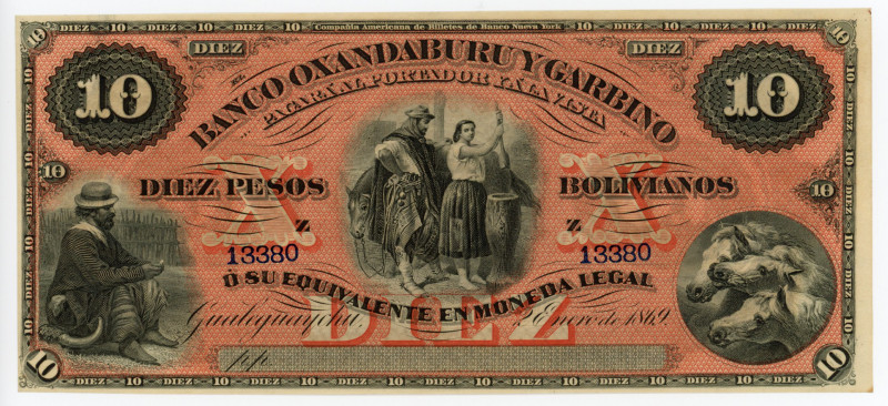 Argentina Banco Oxandaburu y Garbino 10 Pesos Boliviana 1869
P# S1784r; #Z13380...