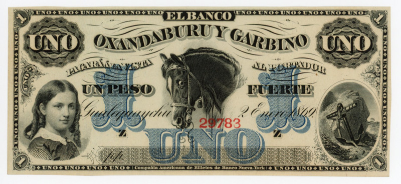 Argentina Banco Oxandaburu y Garbino 1 Peso Fuerte 1869
P# S1791r; #29783; UNC