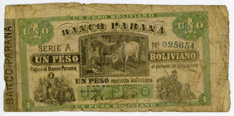 Argentina Banco Parana 1 Peso Boliviano 1868
P# S1815a; # 025854; G-VG