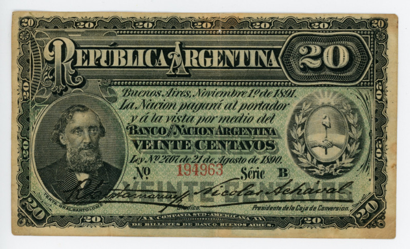 Argentina 20 Centavos 1891
P# 211b; # 194963; VF