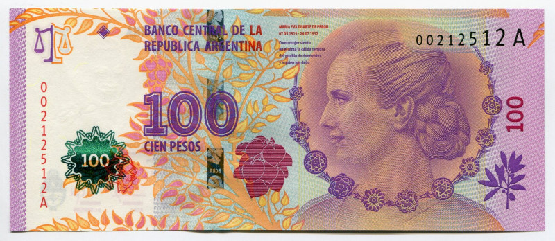 Argentina 100 Pesos 2012 (ND)
P# 358a; # 00212512 A; 1st Issue; UNC; "Eva Perón...