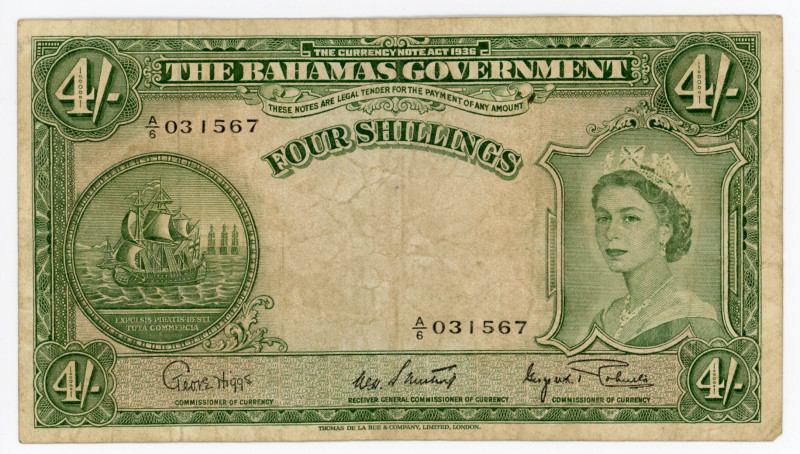 Bahamas 4 Shillings 1953 (ND)
P# 13d; #031567; F