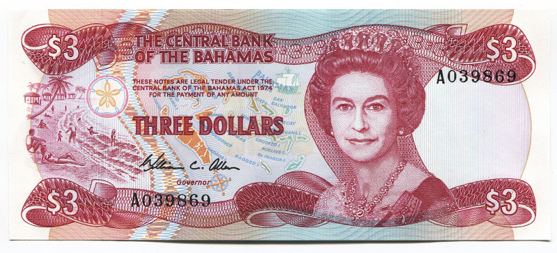 Bahamas 3 Dollars 1974 (1984)
P# 44a; #A039869; UNC