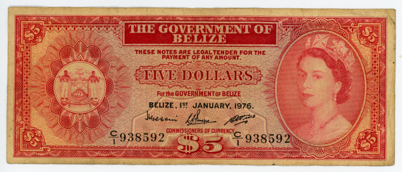 Belize 5 Dollars 1976
P# 35b; # C/1 938592; F