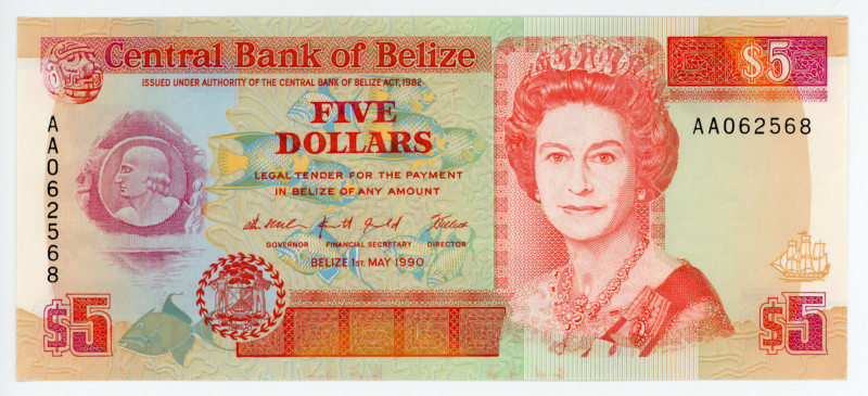 Belize 5 Dollars 1990
P# 53a; #AA062568; UNC