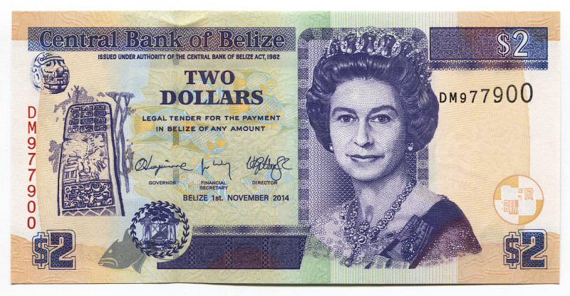 Belize 2 Dollars 2014
P# 66e; # DM977900; Elizabeth II; UNC