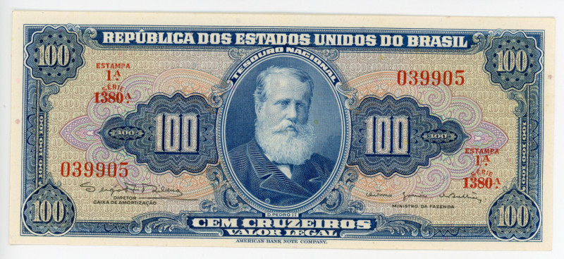 Brazil 100 Cruzeiros 1964 (ND)
P# 170c; #039905; UNC