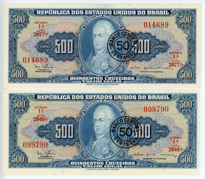 Brazil 2 x 50 Centavos on 500 Cruzeiro 1967 (ND)
P# 186a; UNC