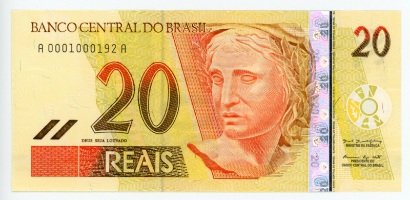 Brazil 20 Reais 2002 (ND)
P# 250a; #A001000192A; UNC