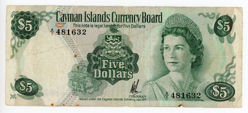 Cayman Islands 5 Dollars 1971
P# 2a; #A/1 481632; VG