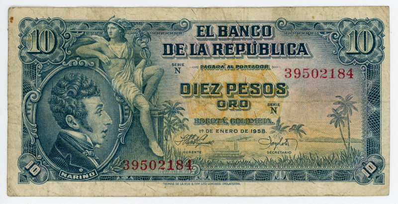 Colombia 10 Pesos Oro 1958
P# 400b; # 39502184; VF