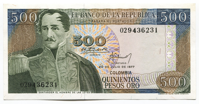 Colombia 500 Pesos Oro 1977
P# 420a; # 029436231; UNC