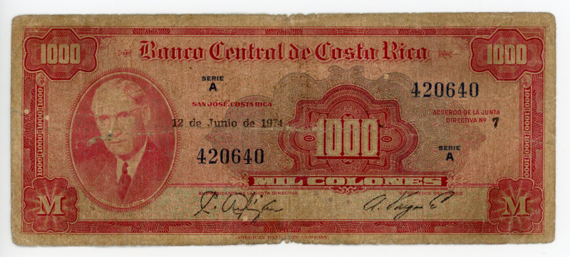 Costa Rica 1000 Colones 1974
P# 226c; #A420640; VG