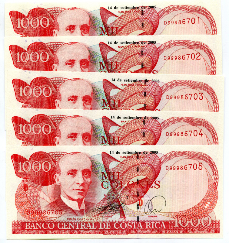 Costa Rica 5 x 1000 Colones 2005 With Consecutive Numbers
P# 264f; #D9986701 - ...