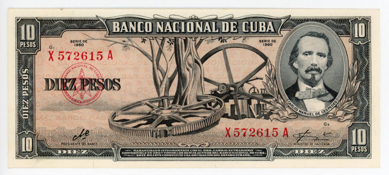 Cuba 10 Pesos 1960
P# 88c; #X572615A; UNC