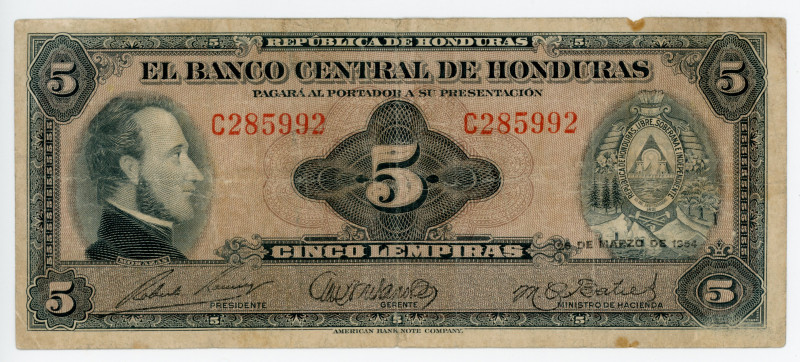 Honduras 5 Lempiras 1954
P# 51a; # C285992; F-VF