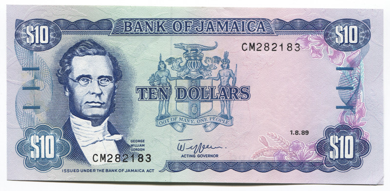 Jamaica 10 Dollars 1989
P# 71c; #CM282183; AUNC