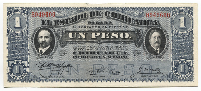 Mexico Chihuahua 1 Peso 1915
P# S529c; Serie 1; # 8949600; UNC