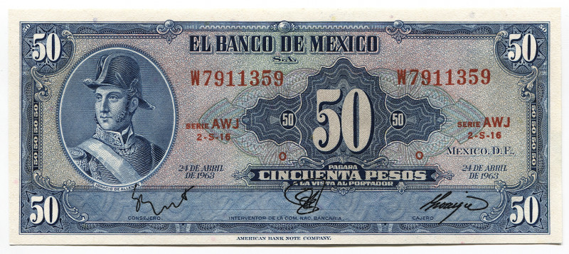 Mexico 50 Pesos 1963
P# 49o; # W7911359; UNC