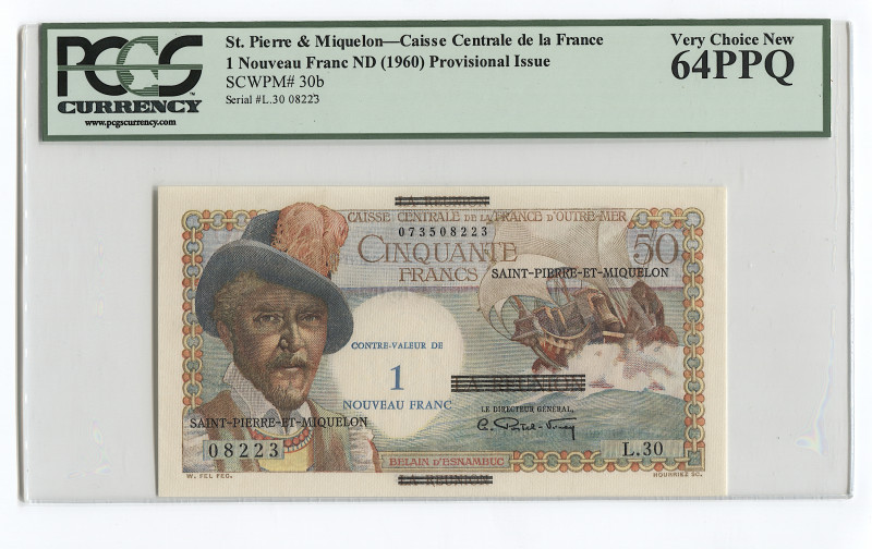 Saint Pierre & Miquelon 1 Nouveau Franc 1960 (ND) R
P# 30; # L.30 08223; UNC; P...