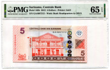 Suriname 5 Dollars 2012 PMG 65
P# 162b; #GA4687212