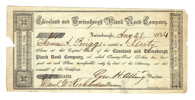 United States Cleveland and Swinsburgh Plank Road Company 90 Shares 25 Dollars E...