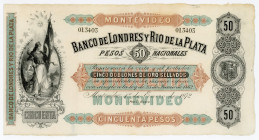 Uruguay 50 Pesos 1872
P# S238r; #013403; With Coupon; AUNC